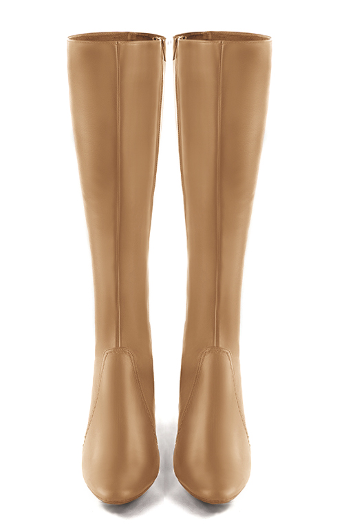 Camel beige women's feminine knee-high boots. Round toe. High block heels. Made to measure. Top view - Florence KOOIJMAN